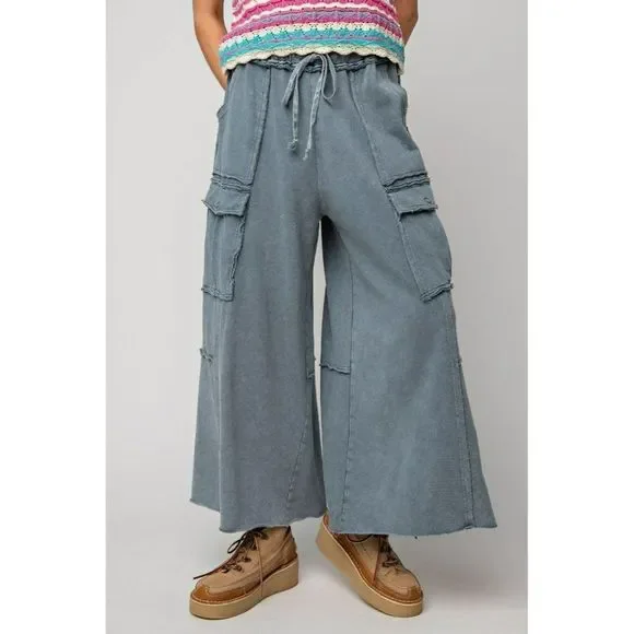 Easel Netflix and Chill Mineral Washed Wide Leg Cargo Pants Faded Navy eb40795 - Picture 3 of 5